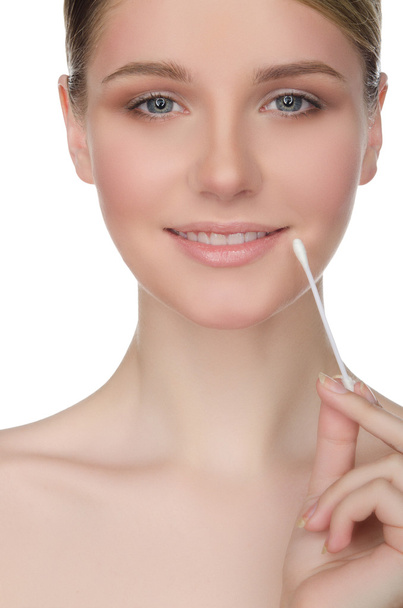 happy woman holding cotton swabs at mouth - Photo, Image