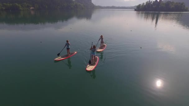 Антена: молоді жінки SUPing на красивому озері Блед в сонячному літньому - Кадри, відео