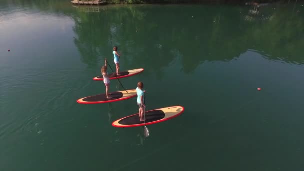 Aerial: vliegen boven surfer vriendinnen sup boarding op Bled Lake in mooie ochtend - Video