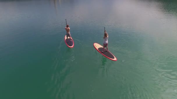 AERIAL: Girlfriend and boyfriend SUP boarding towards the lake island Bled - Footage, Video