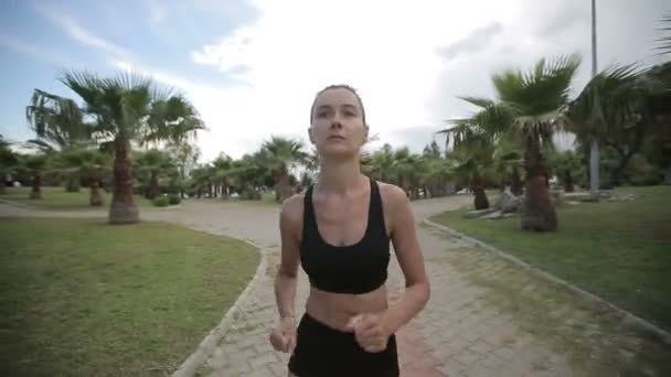 Fitness jogger running at tropical park fitness jogging workout - Video, Çekim