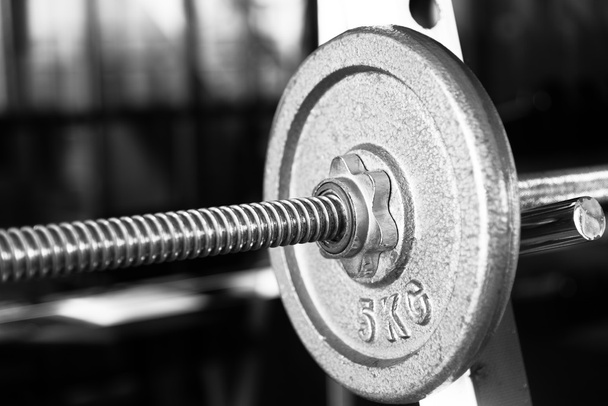 Barbell focused on 5 kg plate black and white - Photo, Image