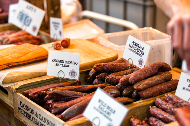 Homemade smoked sausage at a farmers' market in London, UK - Photo, Image