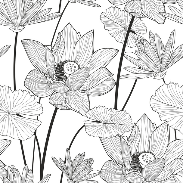 Vector seamless pattern with beautiful lotus flower. Black and w - Vektor, obrázek