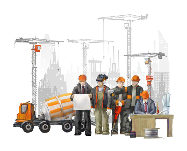 Строители на строительной площадке. Промышленная иллюстрация с рабочими, кранами и бетономешалками
 - Фото, изображение