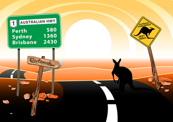 Kenguru seisoo tiellä Australian takamailla
 - Vektori, kuva
