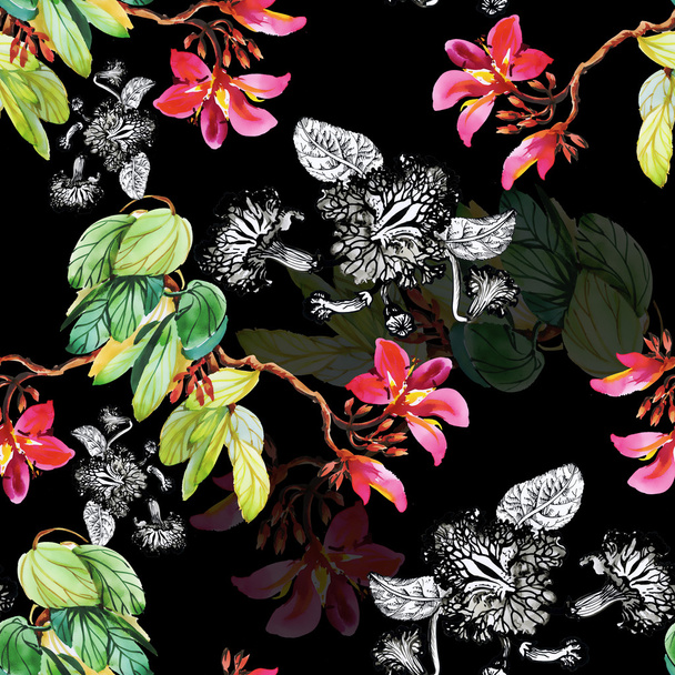 Floral seamless pattern on black - Valokuva, kuva