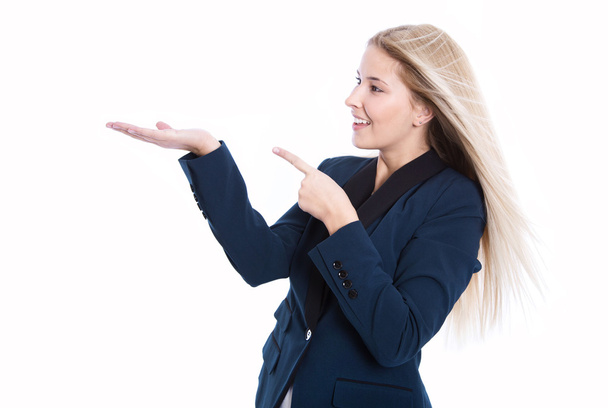 Young businesswoman presenting with forefinger and palm isolated - Fotoğraf, Görsel