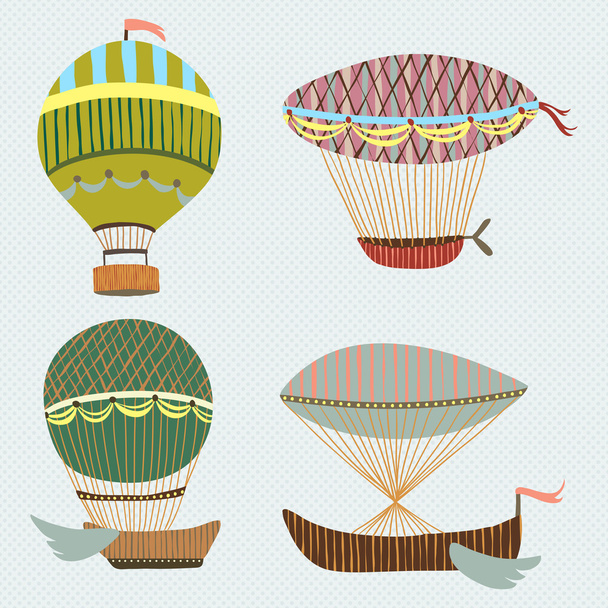 Fundo colorido retro bonito com conjunto de balões voadores e dirigíveis. Desenhos animados ilustração vetor fantasia. Pode ser usado para papéis de parede, enchimentos padrão, fundos da página web, texturas de superfície
. - Vetor, Imagem
