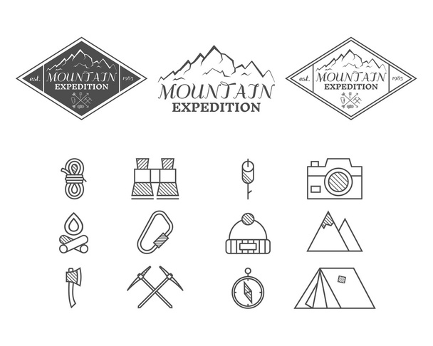 Set of monochrome mountain camp badge, logo and label and icon templates. Travel, hiking, climbing style. Outdoor. Best for adventure sites, travel company etc. Isolated on white background. Vector - Vektori, kuva