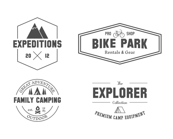 Set of outdoor explorer, family camp badge, logo and label templates. Travel, hiking, biking style. Outdoor. Best for adventure sites, travel magazine etc. Isolated on white background. Vector - Vektor, obrázek