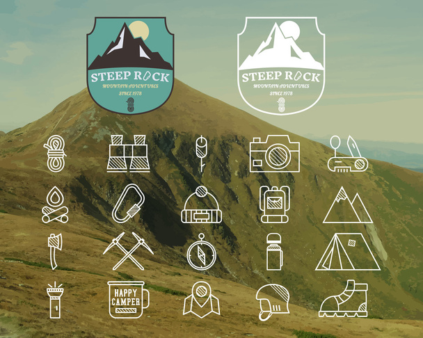 Set of Summer mountain camp badge, logo and label and line icon templates. Travel, hiking, climbing style. Outdoor. Best for adventure sites, travel company etc. On blurred background. Vector - Vector, afbeelding