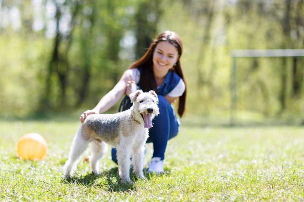 Portret van mooie jonge meisje met haar honden   - Foto, afbeelding