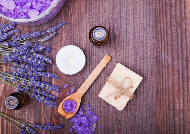 Spa still life with lavender and aroma oils  - Фото, изображение