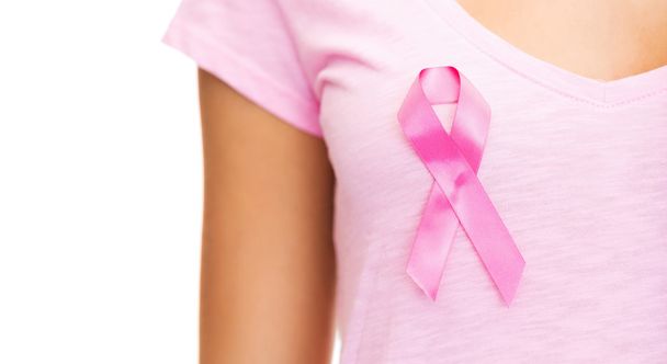 woman with pink cancer awareness ribbon - Foto, imagen