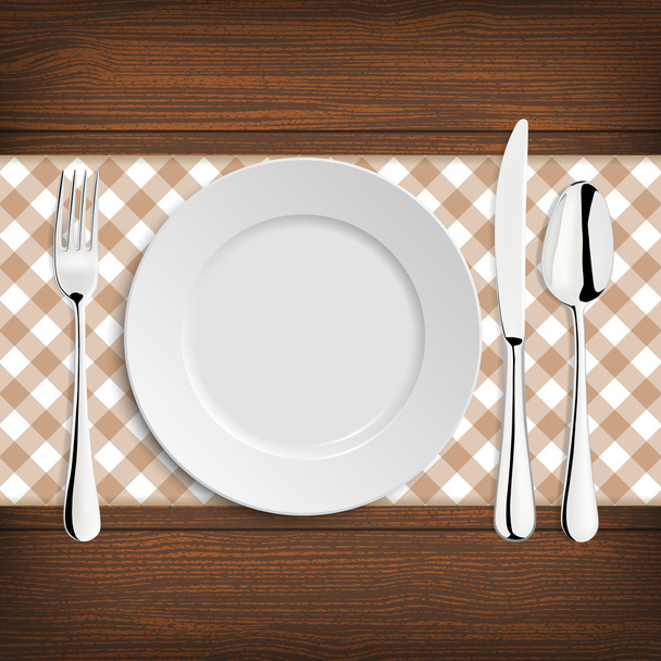 Placa con cuchara, khife y tenedor en una mesa de madera
 - Vector, Imagen