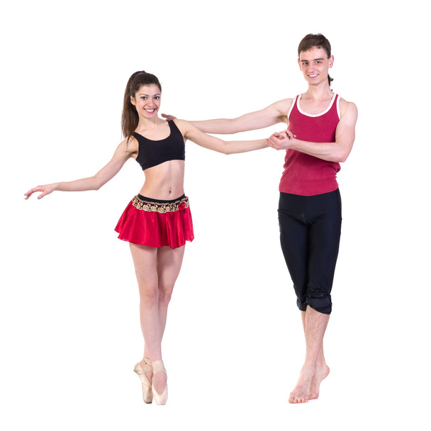 Full length of young ballet couple dancing on white background - Fotografie, Obrázek