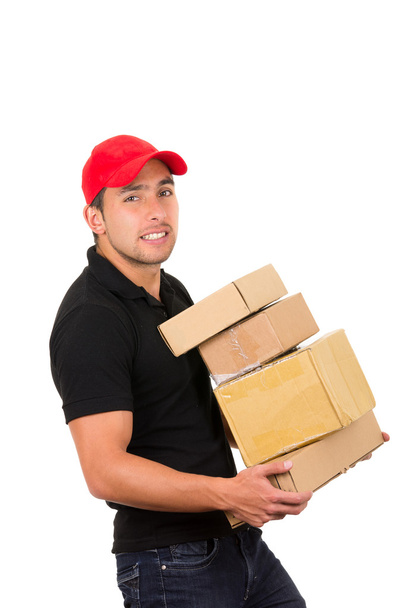 щасливий дружній впевнений чоловік доставки, що несе коробки
 - Фото, зображення