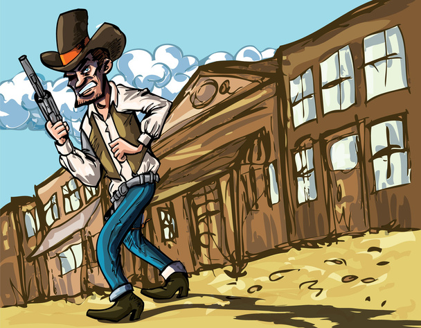 Vaquero de dibujos animados con seis pistolas
 - Vector, imagen