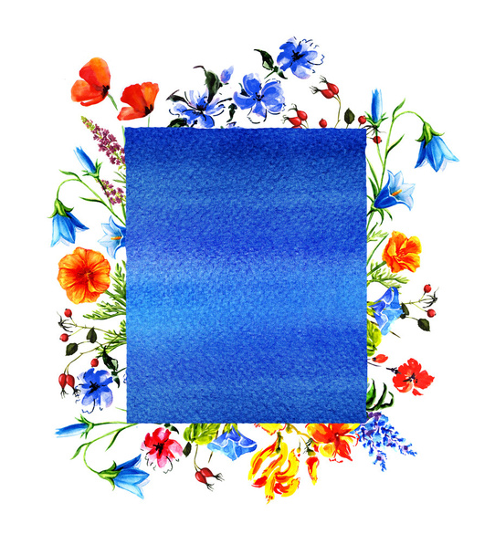 Strauß aus Wildblumen mit Rahmen für Text, Aquarell-Illustration - Foto, Bild