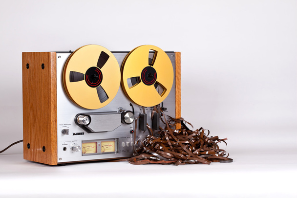 Open Reel Tape Deck Recorder Player with Messy Entangled Tape - Photo, Image