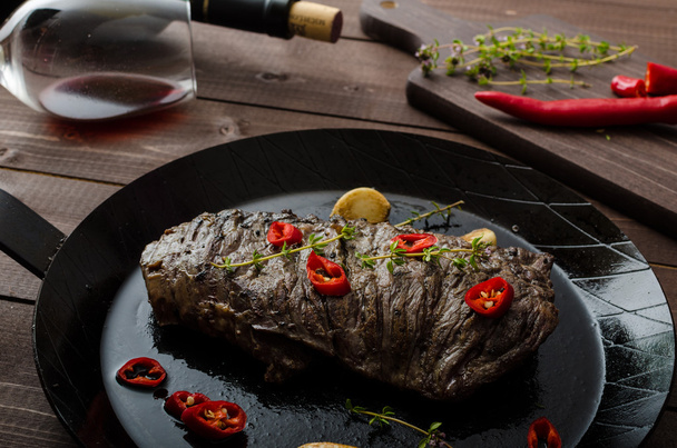 Beef steak with herbs and chilli, product photo - Fotoğraf, Görsel