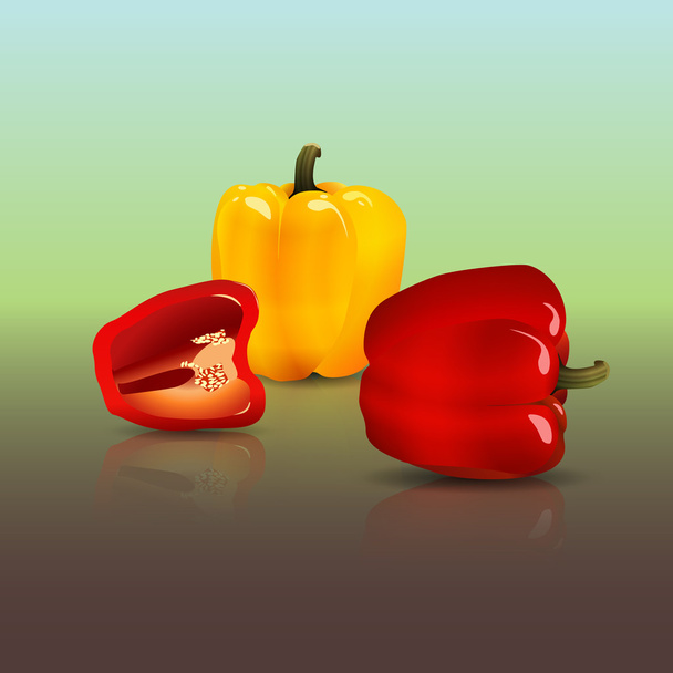 yellow and red pepper cut with reflection  - Вектор,изображение