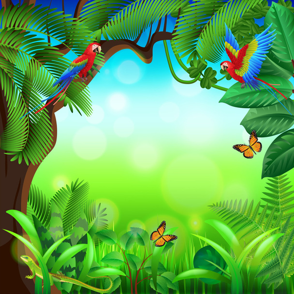 Tropical jungle with animals vector background - Vector, Image