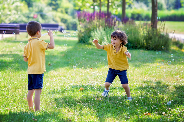 Two children in the park blowing and chasing soap bubbles and ha - Φωτογραφία, εικόνα