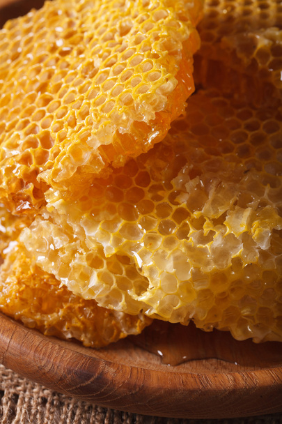 Fresh golden honeycomb on wooden plate macro. Vertical - Foto, Bild