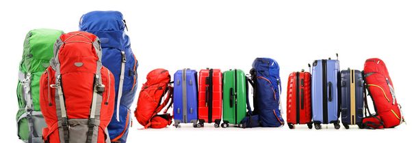 Suitcases and backpacks isolated on white background - Photo, Image