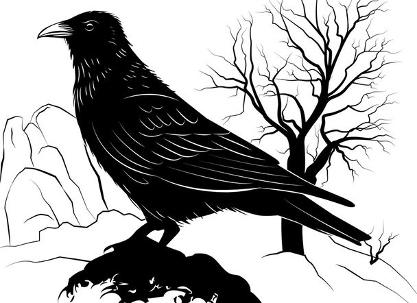 Illustratie met Raven op een rots op een achtergrond van dode boom - Vector, afbeelding