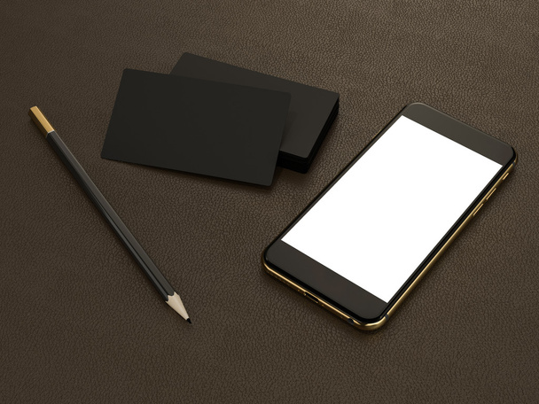 Black business cards blank and smartfon mockup on leather background - Foto, imagen