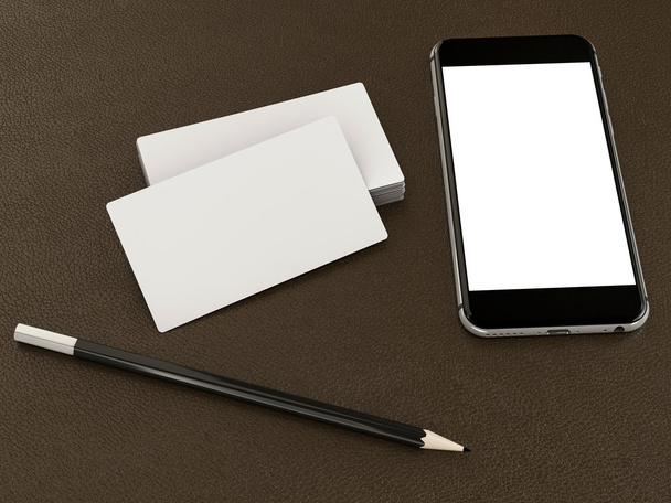 White business cards blank and smartfon mockup on leather background - Fotografie, Obrázek