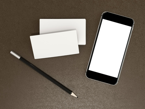 White business cards blank and smartfon mockup on leather background - Foto, afbeelding