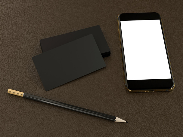 Black business cards blank and smartfon mockup on leather background - Fotoğraf, Görsel