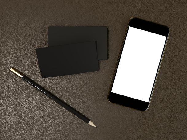 Black business cards blank and smartfon mockup on leather background - Φωτογραφία, εικόνα