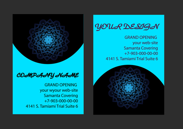 Aantal visitekaartjes met blauwe en zwarte achtergrond. Arabische mandala, vectorillustratie. - Vector, afbeelding