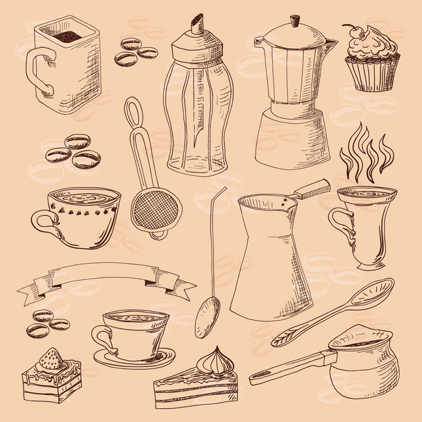 Set de café dibujado a mano - Vector, Imagen