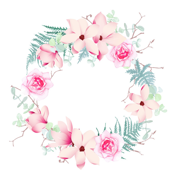 Magnolia, roses and fern wedding wreath vector frame. - Wektor, obraz