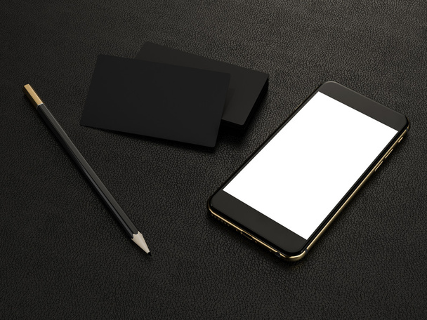 Black business cards blank and smartfon mockup on leather background - Фото, изображение