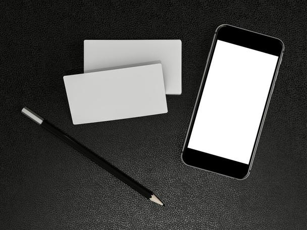 White business cards blank and smartfon mockup on leather background - Foto, imagen