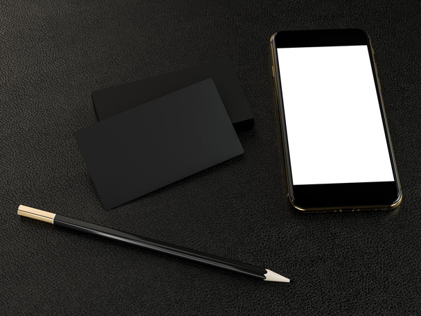 Black business cards blank and smartfon mockup on leather background - Foto, imagen