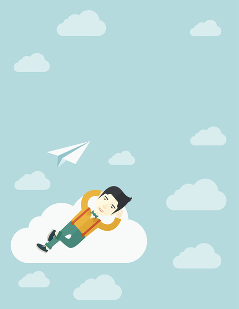 Asian man lying on a cloud with paper plane. - Wektor, obraz