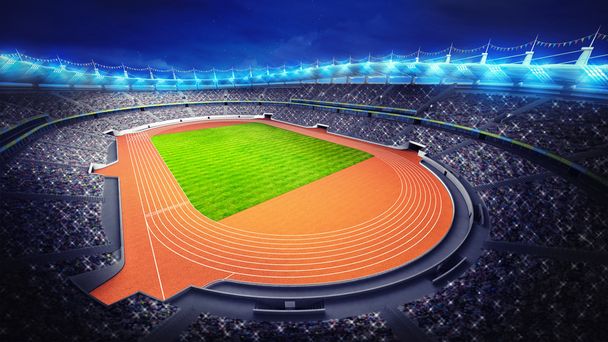athletics stadium with track and grass field at upper night view - Photo, Image