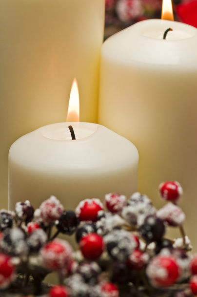Λευκή κεριά στο φθινόπωρο χειμώνας διακόσμηση - Φωτογραφία, εικόνα