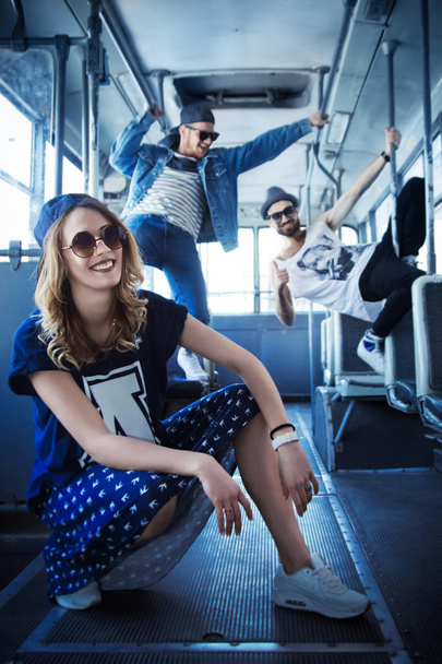 youth party. fun  company. bright people in the bus, style - Фото, изображение