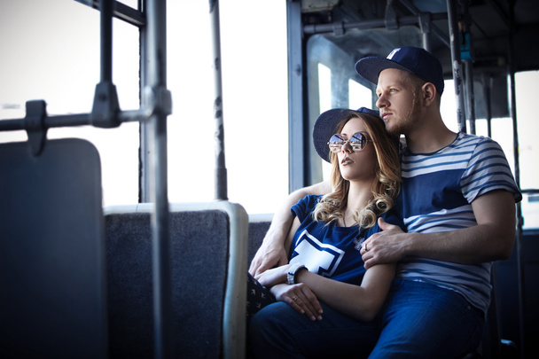 stylish couple  love in the transport, retro style - Valokuva, kuva