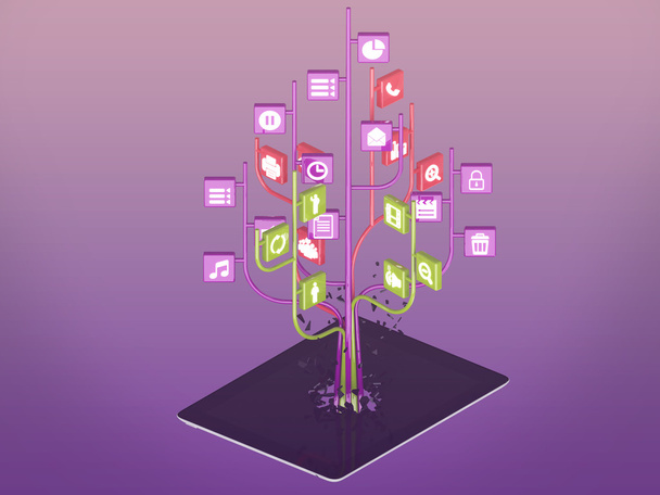 Social-Media-Symbole in Baumform auf modernem schwarzem Tablet-PC - Foto, Bild