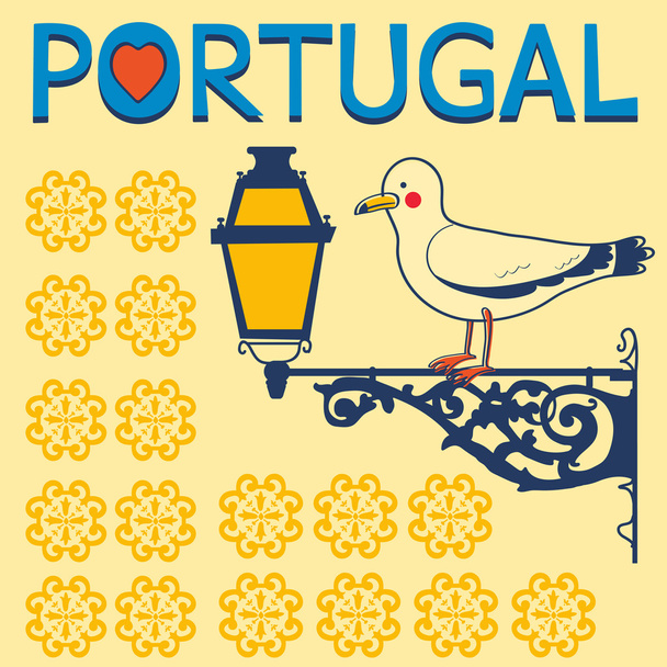 Käsikortti, jossa on tipical portugali lyhty ja lokki
 - Vektori, kuva